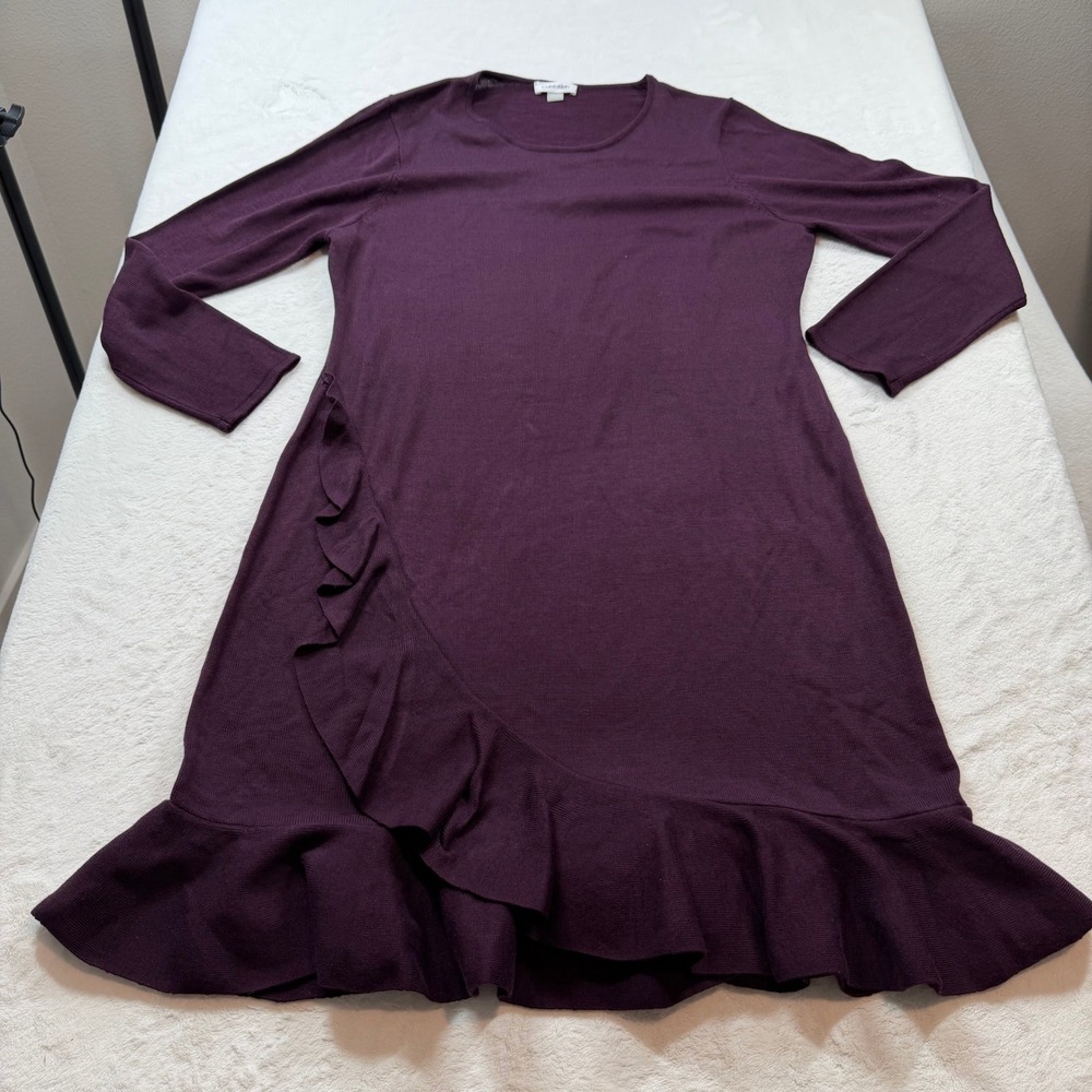 Calvin Klein Sweater Dress Women XL Purple Good Asymmetrical Ruffle Knit